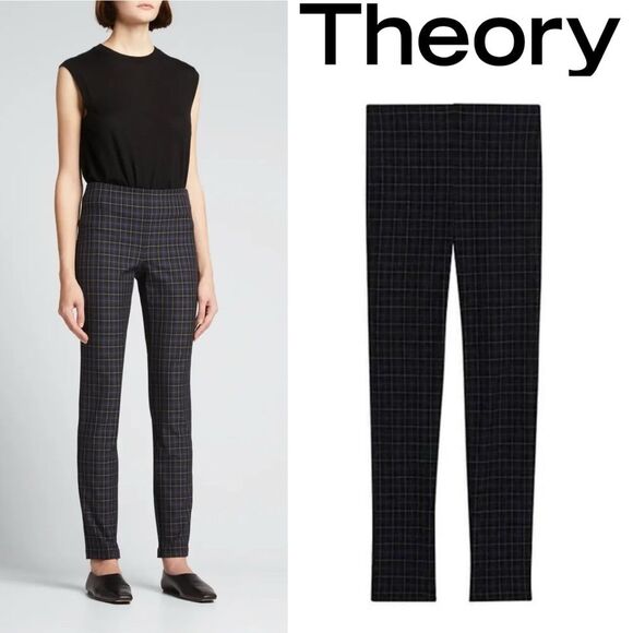 THEORY Galway Tech Skinny Pants Leggings Plaid Black Blue Ankle Side Zip Size 2 - Picture 2 of 16